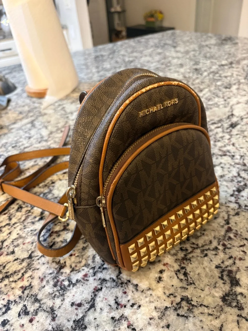 Michael Kors Brown Logo Mini Backpack with Gold Stud Detailing - Picture 1 of 1